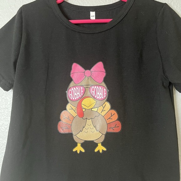 Boutique Trending Girl Turkey With Bow Thanksgiving Gobble Gobble Tshirt - Picture 3 of 5
